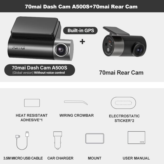 70mai Dash Cam Pro Plus A500S Built-in GPS 70mai A500S PLUS Car DVR 1944P  Speed Coordinates ADAS 24H Parking Support Rear Cam